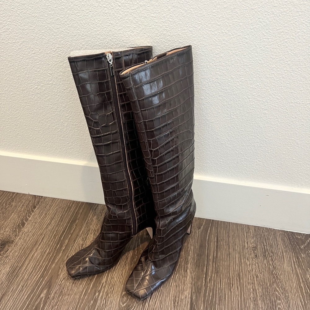 Schutz square toe faux croc boots